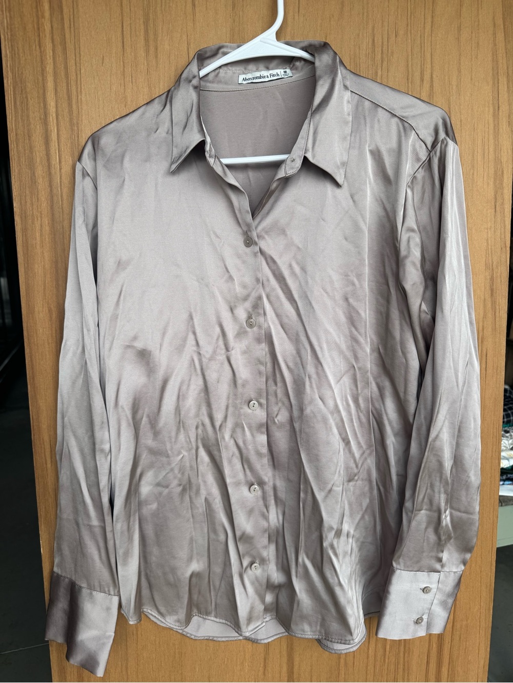 Abercrombie & Fitch Satin-Look Button Down Shirt in Taupe